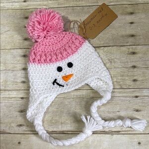 Crochet 0-3 Months Snowman Hat in Pink W/ Attached Pom Pom